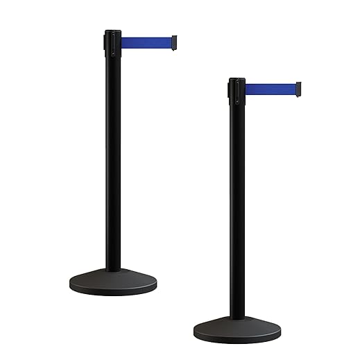 Crowd Control Warehouse CCW Series RBB-100 - Set of 2 Stanchion Retractable Belt Barriers - 11 Foot, Dark Blue Belt with Black Post - Easy Assembly