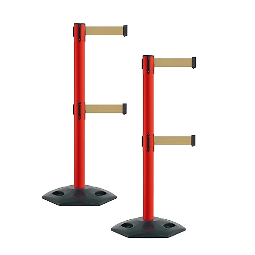 Montour Line MSR630D Set of 2 Retractable Belt Barrier Stanchion, Heavy-Duty Rubber Base, Red Post (7.5 ft Light Brown Dual Belt)