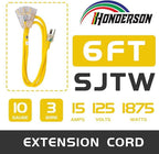 3-Outlets Indoor Outdoor Extension Cord Weatherproof with Lighted End, UL Listed, 10 Gauge 6FT Yellow 3 Prong Heavy Duty, 10/3 SJTW 15A Power Cord