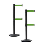 Crowd Control Warehouse CCW Set of 2 Dual Retractable Belt Barrier Stanchion, Cast Iron Base Black Post, IRBB-100D (7.5 Belt, Green Belt)
