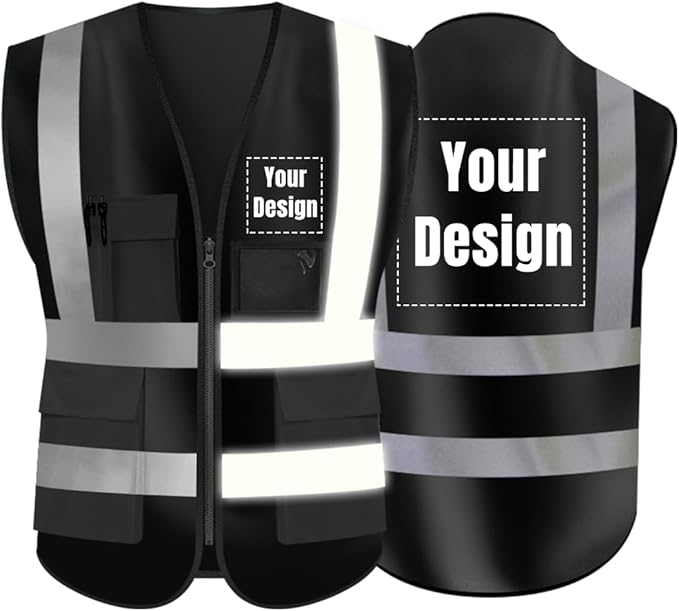 YOWESHOP High Visibility Safety Vest Custom Your Logo Protective Workwear 5 Pockets With Reflective Strips Outdoor Work Vest (Black (4XL))