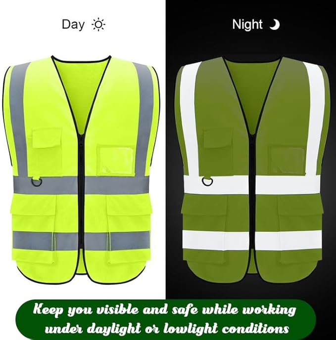 BeautyWill Safety Vest 5 Pack Customize Logo Class 2 High Visibility Reflective Vest with 5 Pockets Construction Security Work Vest ANSI/ISEA Standards（Yellow，L）