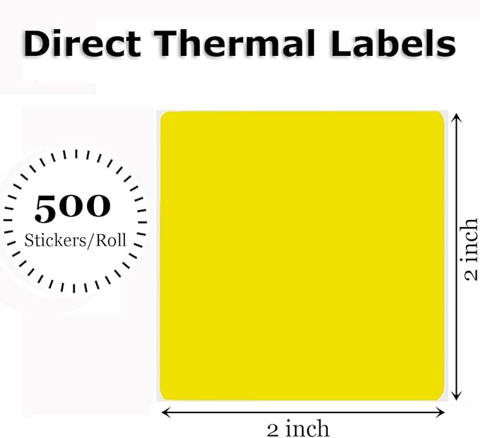 2" x 2" Thermal Labels Stickers Yellow, Square Thermal Shipping Stickers, Multipurpose Inventory Self-Adhesive Direct Thermal Label for Small Business (500 Labels/Roll)