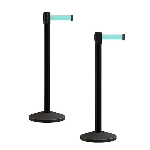 Crowd Control Warehouse CCW Series RBB-100 - Set of 2 Stanchion Retractable Belt Barriers - 7.5 Foot, Light Green Belt with Black Post - Easy Assembly