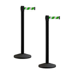 Crowd Control Warehouse CCW Series RBB-100 - Set of 2 Stanchion Retractable Belt Barriers - 7.5 Foot, Green and White Diagonal Belt with Black Post - Easy Assembly