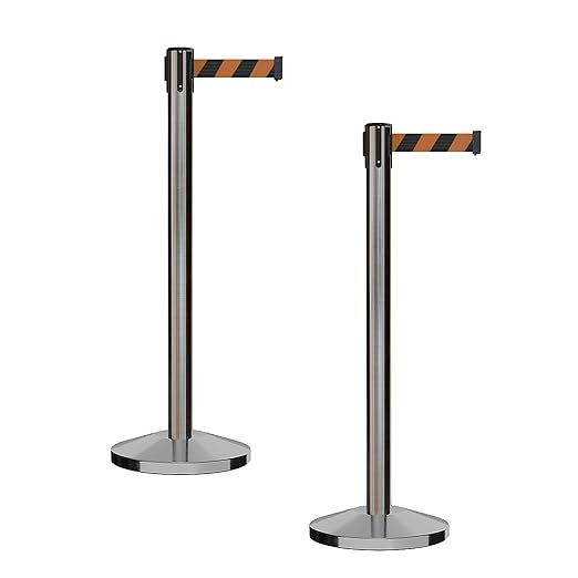 CCW Series RBB-100 - Set of 2 Stanchion Retractable Belt Barriers (7.5 Foot Belt, Black and Orange Diagonal Belt with Satin Stainless Steel Post)