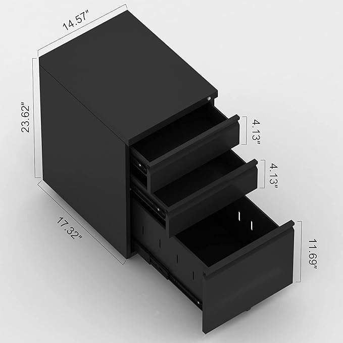 SUXXAN 3 Drawers Metal Filing Cabinet with Wheels, Steel Rolling Mobile File Cabinets Under Desk for Home Office, Wheels Need to Assemble, Black