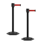 Montour Line MSR760 Set of 2 Retractable Belt Barrier Stanchion, Rubber Base, Black Powder Coated Post (35 ft Red Belt)