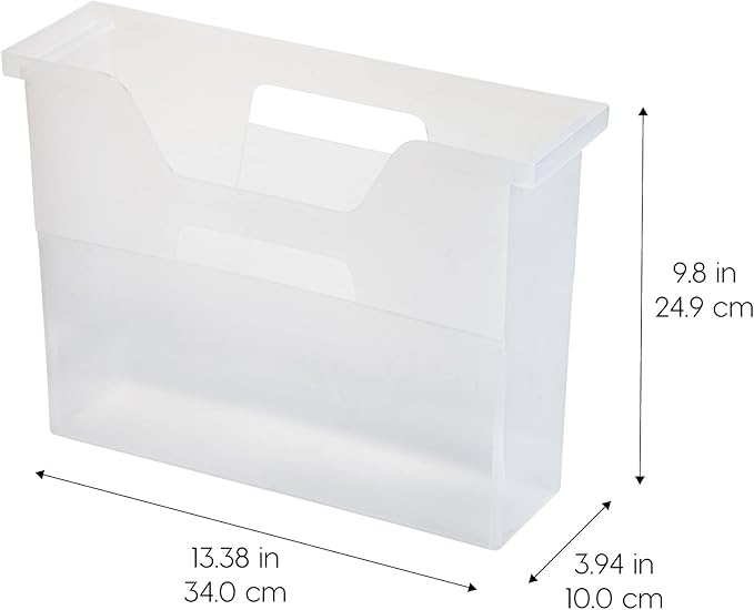 IRIS USA Small Portable Desktop File Box with Open Top, Side Handles, Hanging File Folders, Tabs & Inserts, Letter Size, For Magazines Newspapers Mail Books Notebooks Binder Homework, Clear