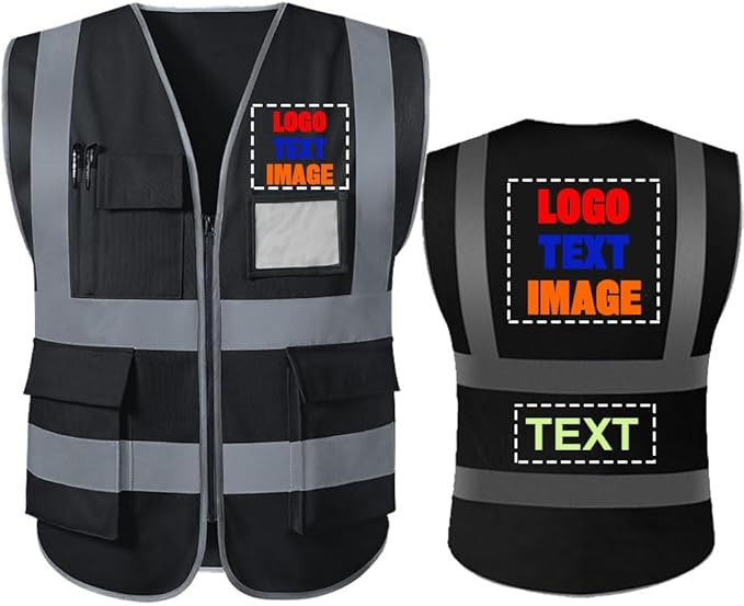 High Visibility Safety Reflective Vest with Pockets and Zipper Construction Hi Vis Work Vest(Black M)