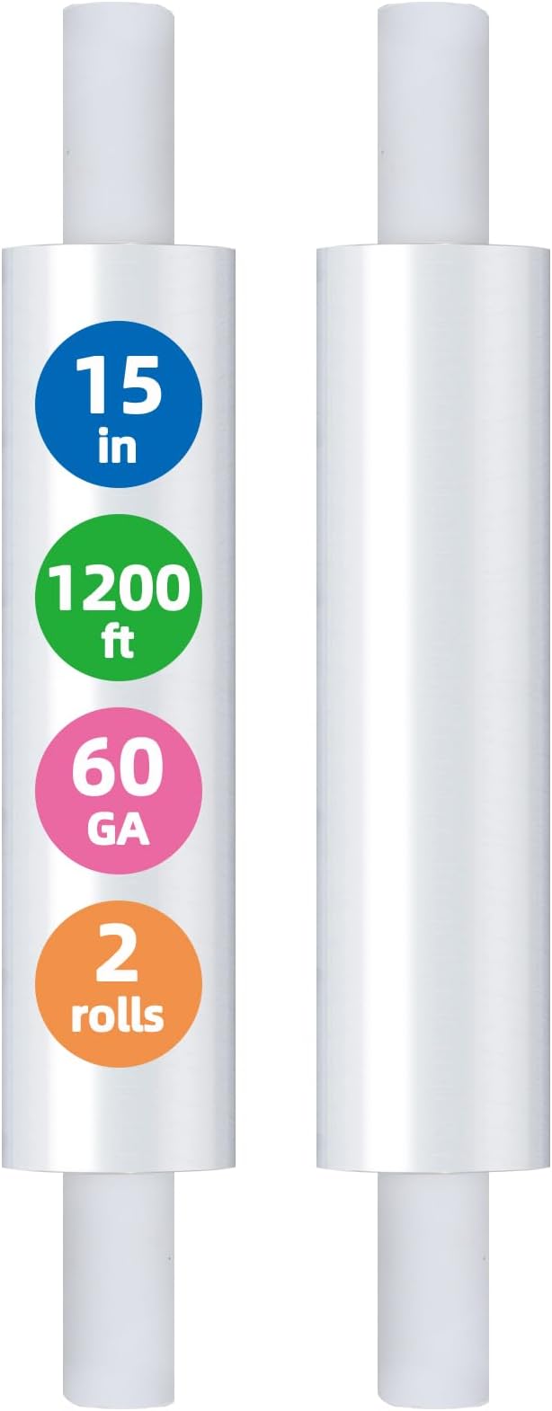 15in Stretch Wrap Roll - Heavy Duty Industrial Strength 15" 1200ft with Extended Cardboard Handles, Clear Cling Shrink Wrap Film Roll 60 Gauge - Ideal for Furniture, Moving, Pallet Packing(2 Rolls)