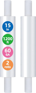 15in Stretch Wrap Roll - Heavy Duty Industrial Strength 15" 1200ft with Extended Cardboard Handles, Clear Cling Shrink Wrap Film Roll 60 Gauge - Ideal for Furniture, Moving, Pallet Packing(2 Rolls)