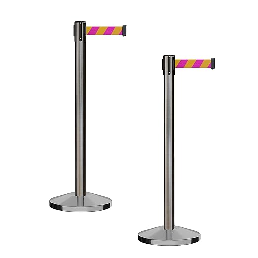CCW Series RBB-100 - Set of 2 Stanchion Retractable Belt Barriers (11 Foot Belt, Magenta and Yellow Diagonal Belt with Satin Stainless Steel Post)
