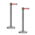 CCW Series RBB-100 - Set of 2 Stanchion Retractable Belt Barriers (9 Foot Belt, Magenta and Yellow Diagonal Belt with Satin Stainless Steel Post)