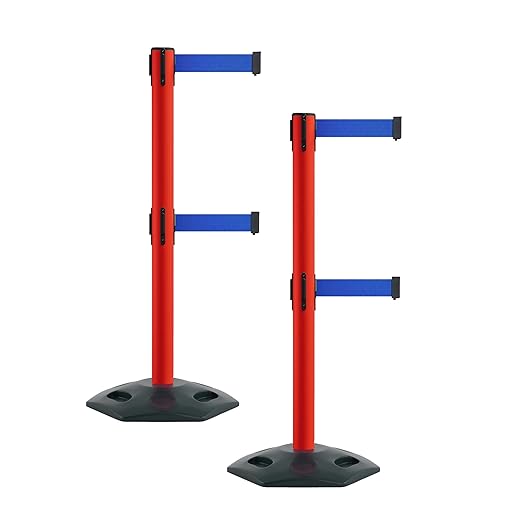 Montour Line MSR630D Set of 2 Retractable Belt Barrier Stanchion, Heavy-Duty Rubber Base, Red Post (11 ft Blue Dual Belt)