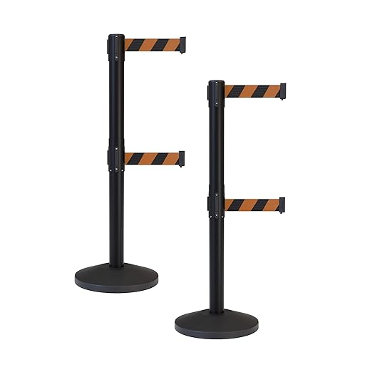 Crowd Control Warehouse CCW Series RBB-100D Set of 2 Stanchion Retractable Belt Barriers - Sloped Base, 9 Foot, Black and Orange Diagonal Dual Belt with Black Post - Easy Assembly