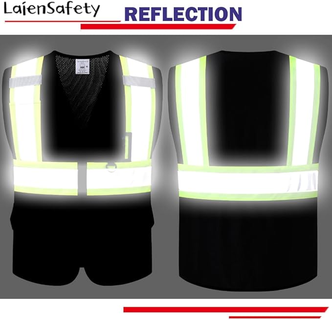 Reflective Safety Vest for Men Women with Multiple Pockets Mesh High Visibility Vest Hi Vis Construction Work Vest,Meets ANSI/ISEA Standards(EK1-178-Black-XL)