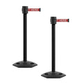 Montour Line MSR760 Set of 2 Retractable Belt Barrier Stanchion, Rubber Base, Black Powder Coated Post (35 ft Red with"Please Wait HERE" White Letters Belt)