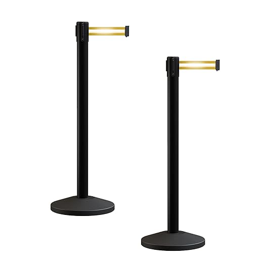 Crowd Control Warehouse CCW Series RBB-100 - Set of 2 Stanchion Retractable Belt Barriers - 11 Foot, Yellow Horizontal Reflective Stripe Belt with Black Post - Easy Assembly