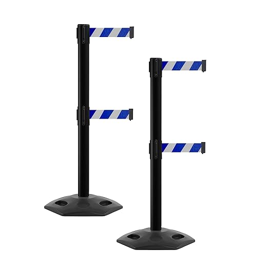 CCW Series WBB-200D - Set of 2 Retractable Dual Belt Barrier Stanchion, Heavy Duty Rubber Base, Black Post (7.5 Foot Belt, Blue and White Diagonal Belt)