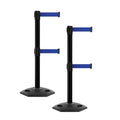 CCW Series WBB-200D - Set of 2 Retractable Dual Belt Barrier Stanchion, Heavy Duty Rubber Base, Black Post (9 Foot Belt, Dark Blue Belt)