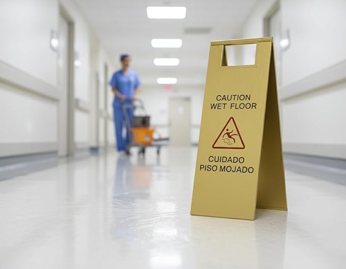 2 Pcs Wet Floor Sign, 24 Inch Gold Stainless Steel Caution Wet Floor Sign Double Sided Foldable Bilingual Commercial Safety Warning for Hotel Market Restroom Restaurant Office