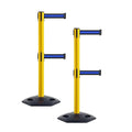 CCW Series WBB-200D - Set of 2 Retractable Dual Belt Stanchion Safety Barrier, Heavy-Duty Rubber Base Yellow Post (7.5 Foot Belt, Black with Horizontal Blue Stripe Belt)