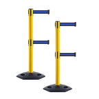 CCW Series WBB-200D - Set of 2 Retractable Dual Belt Stanchion Safety Barrier, Heavy-Duty Rubber Base Yellow Post (7.5 Foot Belt, Black with Horizontal Blue Stripe Belt)