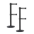 Crowd Control Warehouse CCW Set of 2 Dual Retractable Belt Barrier Stanchion, Cast Iron Base Black Post, IRBB-100D (7.5 Belt, Black with"This LINE Closed" White Letters Belt)