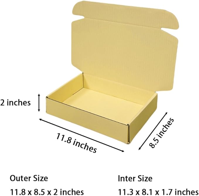 50 Pcs 11.8 x 8.5 x 2 inches Large Size Corrugated Cardboard Gift Boxes Recyclable Shipping Boxes for Packing Jewelry Ornament Gift Craft Packaging Supplier (Butter Yellow, 11.8 x 8.5 x 2")