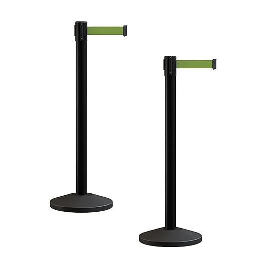 Crowd Control Warehouse CCW Series RBB-100 - Set of 2 Stanchion Retractable Belt Barriers - 11 Foot, Olive Belt with Black Post - Easy Assembly