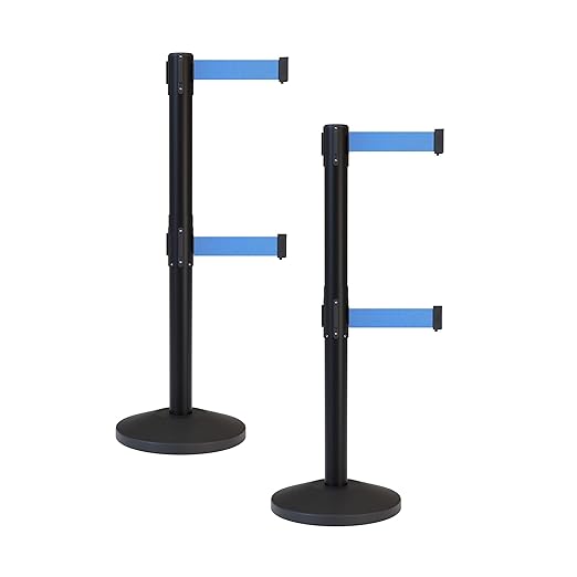 Crowd Control Warehouse CCW Series RBB-100D Set of 2 Stanchion Retractable Belt Barriers - Sloped Base, 7.5 Foot, Light Blue Dual Belt with Black Post - Easy Assembly