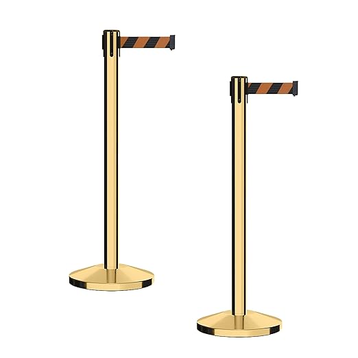 CCW Series RBB-100 - Set of 2 Stanchion Retractable Belt Barriers (11 Foot Belt, Black and Orange Diagonal Belt with Polished Brass Post)