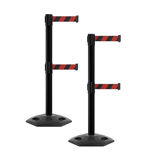 CCW Series WBB-200D - Set of 2 Retractable Dual Belt Barrier Stanchion, Heavy Duty Rubber Base, Black Post (9 Foot Belt, Black and Red Diagonal Belt)