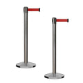 CCW Series RBB-100 - Set of 2 Stanchion Retractable Belt Barriers (9 Foot Belt, Red Belt with Satin Stainless Steel Post)