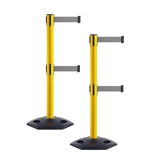 CCW Series WBB-200D - Set of 2 Retractable Dual Belt Stanchion Safety Barrier, Heavy-Duty Rubber Base Yellow Post (11 Foot Belt, Light Grey Belt)