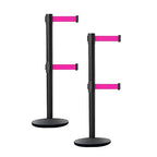 Crowd Control Warehouse CCW Set of 2 Dual Retractable Belt Barrier Stanchion, Cast Iron Base Black Post, IRBB-100D (7.5 Belt, Fluorescent Pink Belt)