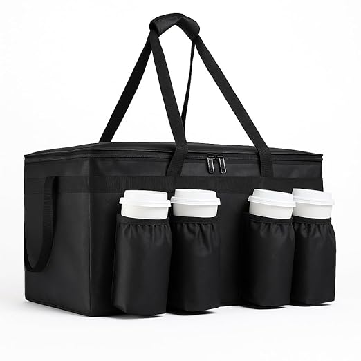 Insulated Food Delivery Bag with 4 Cup Holders, XXX-Large Grocery Bags Keep Food Hot/Cold, Catering Cooler Bags with Drink Carrier, Commercial Food Warmer for Transport & Shopping, Black
