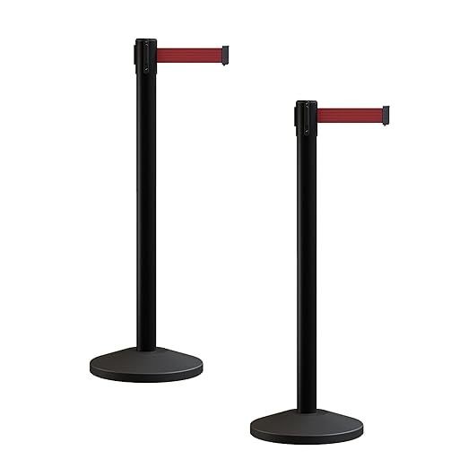 Crowd Control Warehouse CCW Series RBB-100 - Set of 2 Stanchion Retractable Belt Barriers - 9 Foot, Maroon Belt with Black Post - Easy Assembly