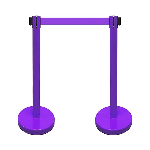 VIP Crowd Control Retractable Belt Queue Safety Stanchion Barrier Set, 36" Ht, 78" Belt + Wall Bracket (2 Purple Posts Purple Belt)