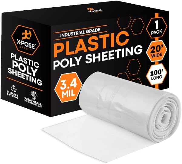 Xpose Safety Clear Plastic Sheeting – 20' x 100' Roll – Heavy Duty 3.4 Mil Poly Sheet – Waterproof, Dustproof, Vapor Barrier – for Construction, Painting, Industrial Use