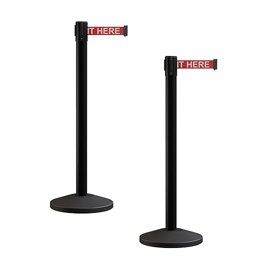 Crowd Control Warehouse CCW Series RBB-100 - Set of 2 Stanchion Retractable Belt Barriers - 7.5 Foot, Red"Please Wait HERE" White Letters Belt with Black Post - Easy Assembly