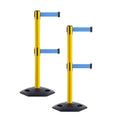 Crowd Control Warehouse CCW Set of 2 Retractable Dual Belt Stanchion Safety Barrier, Heavy-Duty Rubber Base Yellow Post, WBB-200D (7.5 Foot Belt, Light Blue Belt)