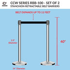 Crowd Control Warehouse CCW Series RBB-100 - Set of 2 Stanchions with Retractable Belts - 11 Foot Red Belt, Polished Stainless Steel Post - Crowd Control Barriers