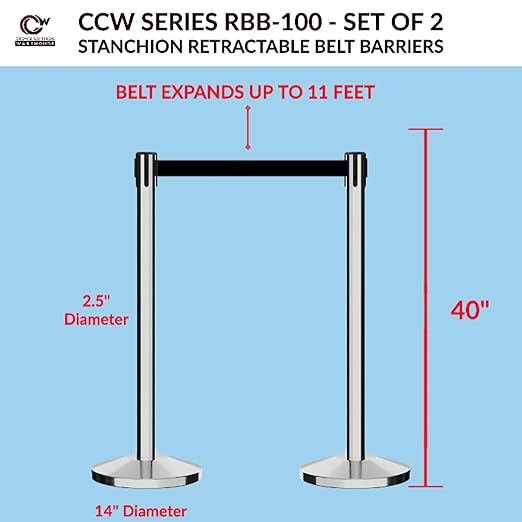 Crowd Control Warehouse CCW Series RBB-100 - Set of 2 Stanchions with Retractable Belts - 11 Foot Red Belt, Polished Stainless Steel Post - Crowd Control Barriers