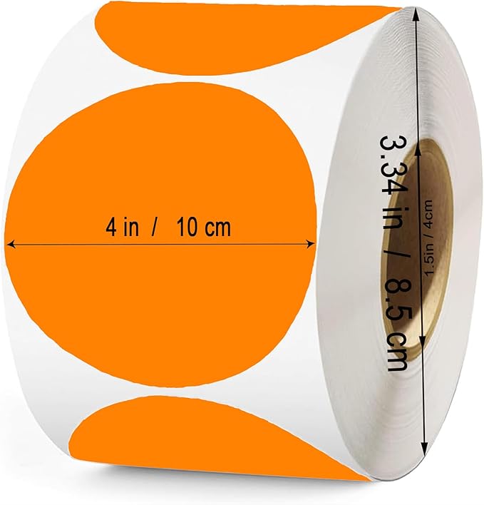 4 Inch Large Orange Circle Thermal Labels, Self-Adhesive Round Inventory Stickers, Multi-Purpose Round Roll Thermal Printing Stickers for Business and Domestic Use-300 Labels/Roll