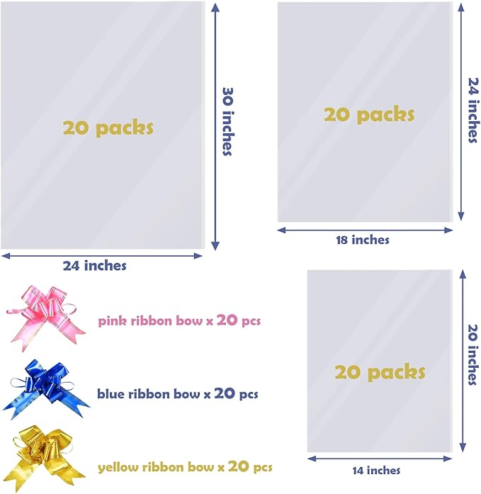 60 Packs Large Clear Cellophane Bags 14x20 18x24 24x30 Inches Jumbo Gift Basket Wraps Extra-large Transparent Plastic Bags for Fruit Basket, Gift Wrap, Treats, Arts and Crafts, 60 pcs Pull Ribbon Bow Ties
