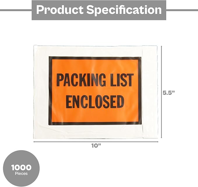 Packing List Enclosed Shipping Envelope 5.5"x10" Full Face Pouches Adhesive Bags Case of 1000
