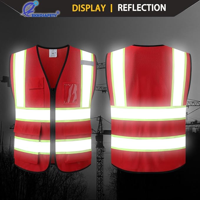 Reflective Mesh Safety Vest for Men Women with 5 Pockets and Zipper Front High Visibility Mesh Vest Hi Vis Construction Work Vest,Meets ANSI/ISEA Standards(EK175-Red-3XL)