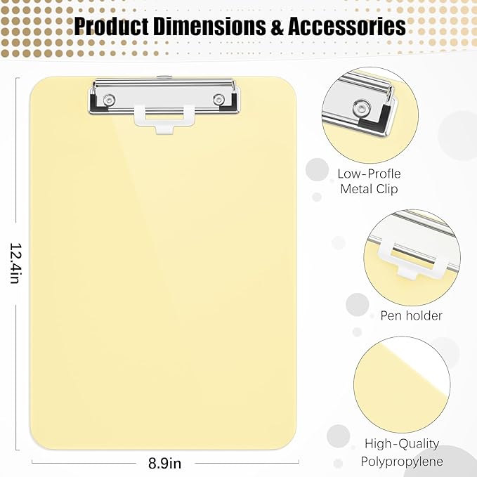 Hongri Plastic Clipboard with Pen Holder, Yellow 8.5x11 Letter Size Clip Board for Classroom, Office, Students, Nurses and Women, Low Profile Clip, Size 12.5 x 9 in(Pack of 6)